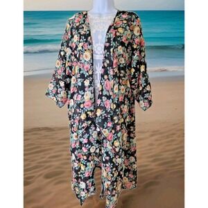 LuLaRoe Kimono L Black Floral Sheer Cover up Cascading Waterfall Front Flowy
